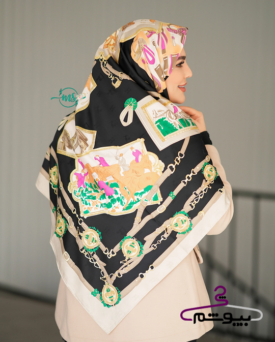 روسری ابریشم ژاکارد طرح قاب مشکی کرم نارنجی